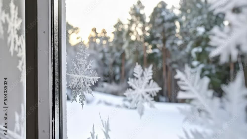 Poster festive window decorated with translucent snowflake clings overlooking a snowy landscape on a winter