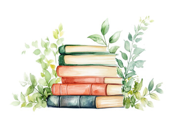 Creative watercolor illustration of stacked books surrounded by green foliage celebrating literacy and learning on World Book Day
