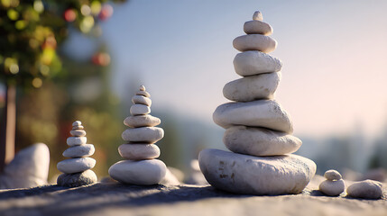 Tranquil scene of balanced stone stacks in a serene outdoor setting with greenery