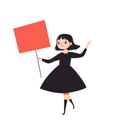 Cartoon Woman Holding a Red Flag Wearing Black Dress with White Background Illustration of Social Activism and Female Empowerment