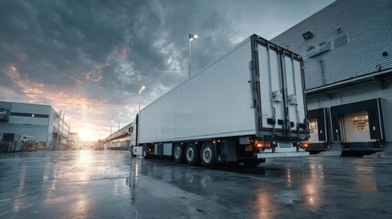 Rear of white refrigeration truck facing open supermarket dock