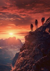 As the sun sets in fiery colors, three adventurers reach a mountain summit, epitomizing the spirit of exploration, triumph, and the awe-inspiring beauty of nature's landscapes.