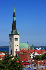 Obraz premium Estonia, Tallinn. Historic center - Olav Church with Baltic Sea in background. UNESCO World Heritage Site.