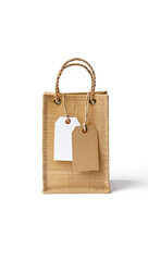 Eco friendly burlap gift bag with blank tags for personalized branding and product presentation on isolated white background