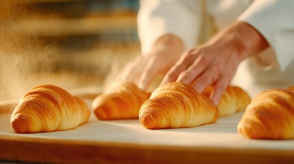Baker Arranging Fresh Croissants in Kitchen