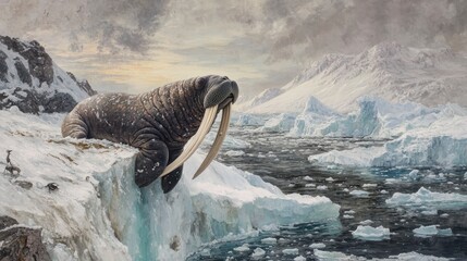 Majestic walrus on arctic ice cliff overlooking icy waters and snowy mountains at sunset.