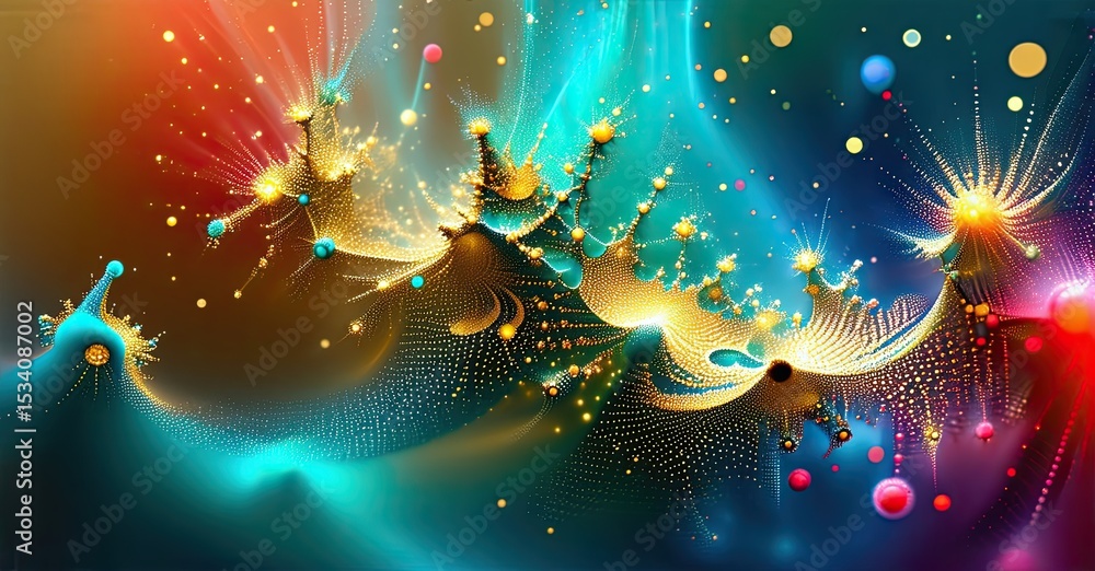 Poster Vibrant fractal patterns dominate image. Swirling colors, golden highlights create dynamic abstract composition. Light, energy radiate throughout.