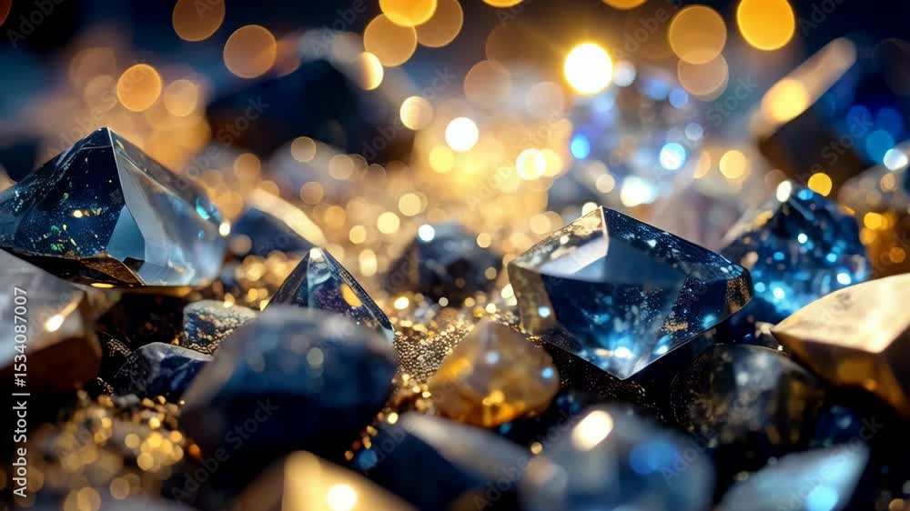 Poster pile of faceted gems glistening with golden light creates a mesmerizing and dazzling display of weal