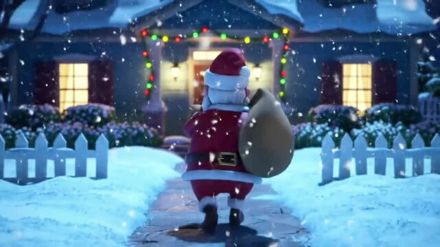 Santa claus walking up to a snowy house carrying a sack of presents on a winter night surrounded by christmas lights. concept of holiday spirit, gift-giving, festive season, winter wonderland