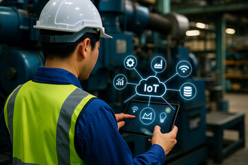 IOT技術を活用して工場設備を監視する日本人作業員の後ろ姿