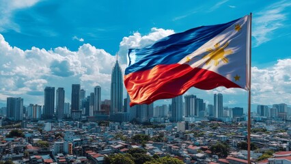 Philippine flag waving proudly against a city skyline on independence day