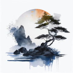Solitary Pine Tree on Mountain Cliff – Japanese Ink Landscape