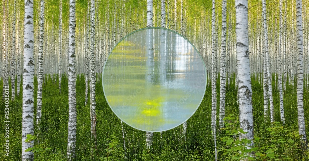 Poster Birch forest scene. Lush greenery surrounds slender white tree trunks. Circular reflection mimics surrounding landscape, creating visual interest.