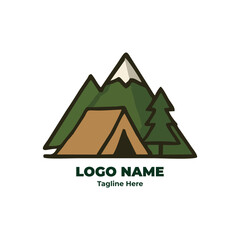 Forest camping logo design for hiking trail outdoor badge trekking gear emblem nature adventure wilderness trip journey explorer symbol tent