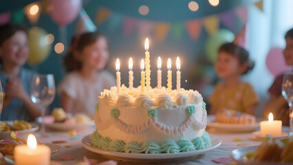 Beautifully decorated birthday cake with burning candles and blurred background of a small family party. 2