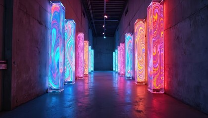 Fototapeta premium Neon light installations in dark alley. Glowing colorful abstract installations creating futuristic urban art in night city. Modern design, technology, illumination, vibrant aesthetic, fantasy.