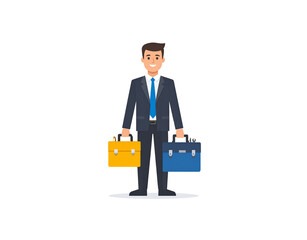 Smiling Businessman Holding a Yellow and Blue Briefcase in Each Hand