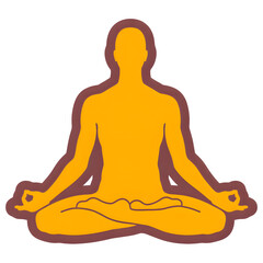 Yoga pose silhouette: rough purple contour, flat yellow body shape in lotus pose, transparent background.