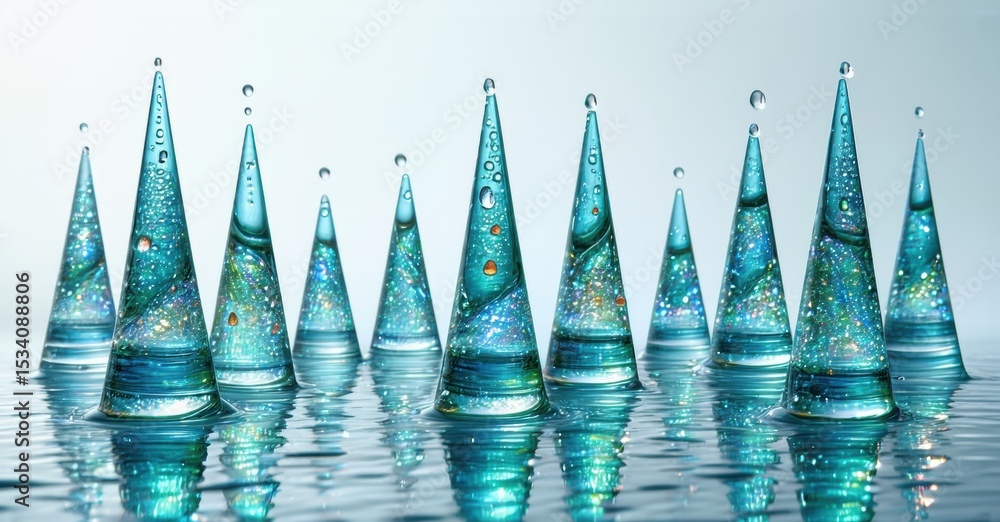 Aufkleber water droplets forming cone shapes. reflections visible, creating symmetrical pattern. blue hues dom