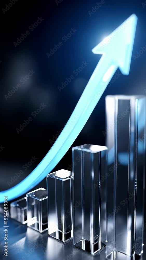 Poster clear rising bar graph with an upward pointing arrow in front of a dark background shows business gr