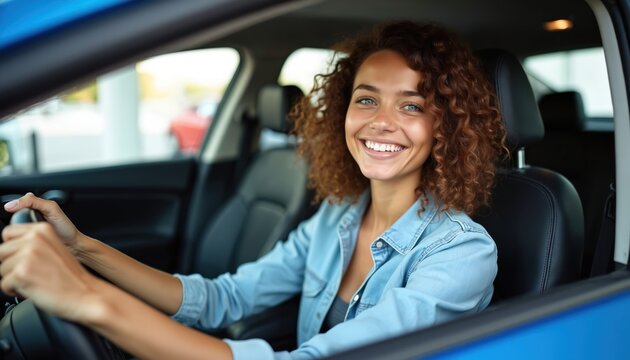 Young woman smiles sitting in new car after purchase at dealership. Happy female driver holds steering wheel. Successful deal, client buying vehicle, transportation, road trip.