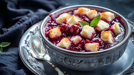 Bowl of berry sauce with crouton.