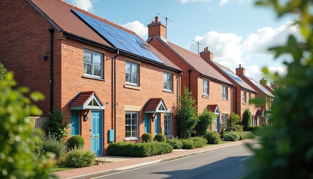 Row of terraced houses with solar panels on red brick roofs, blue doors, green bushes. Sustainable eco-friendly residential architecture, energy tech, alternative power, renewable resources, modern