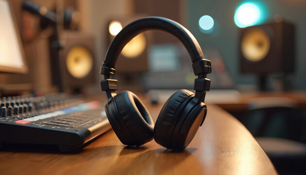 Pro headphones on wooden desk. Sound equipment in recording studio for podcasting, audio editing. Audio mixer, microphone, computer, speakers in background. Music production, broadcasting, recording