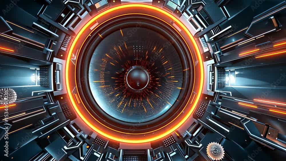 Poster high-tech futuristic speaker with glowing circular design and metallic elements emitting sound waves