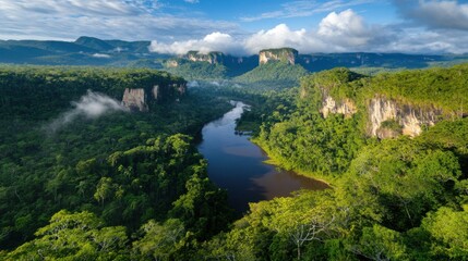 Obraz premium Amazon forest valley with a crawling river in the middle, skyline in the morning, an amazing nature 