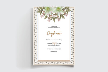 WEDDING INVITATION FRAME WITH FLOWER DECORATIONS AND FRESH LEAVES