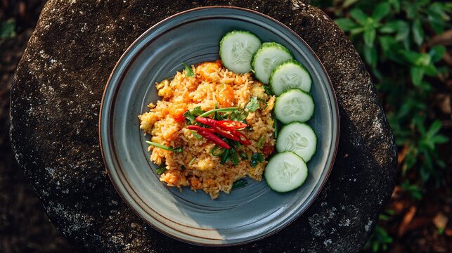 Vietnamese shrimp paste fried rice com rang mam tom sliced cucumber and chili on natural stone table outdoors top down view