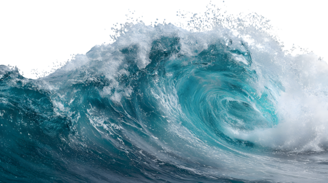 A stunning blue ocean wave breaking with turbulent water and sea spray in the sunlight showcasing the beauty of nature