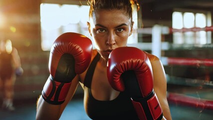 Young caucasian woman intense boxing training with red gloves in sunlit gym. concept of fitness journey, strength building, indoor workout vibes - Powered by Adobe