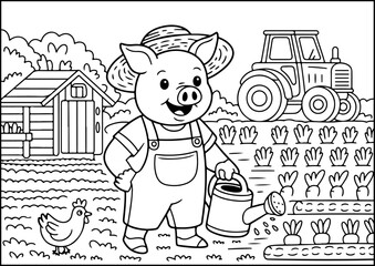 Anthropomorphic Animals, A smiling pig in overalls and a straw hat, holding a watering can in a vegetable garden. Nearby are carrots, a chicken coop, and a small tractor. Line art style.