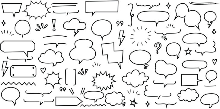 Speech bubble text frame dialog cloud hand drawn set. Blue flat doodle talk speech bubble frame. Hand drawn line chalk frame, think balloon, children doodle text cloud icon. Vector illustration.