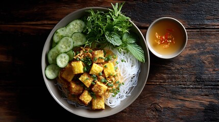 Vietnamese shrimp paste fried tofu bun dau mam tom rice noodles perilla cucumber and dipping sauce traditional dinner natural background top down view
