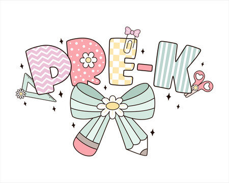 Pre-K shirt design, Retro back to school, First day of school, Coquette teacher hand drawn vector illustration in flat style.