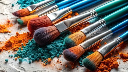 Fototapeta premium Makeup brushes with colorful powder pigment on a textured surface close up