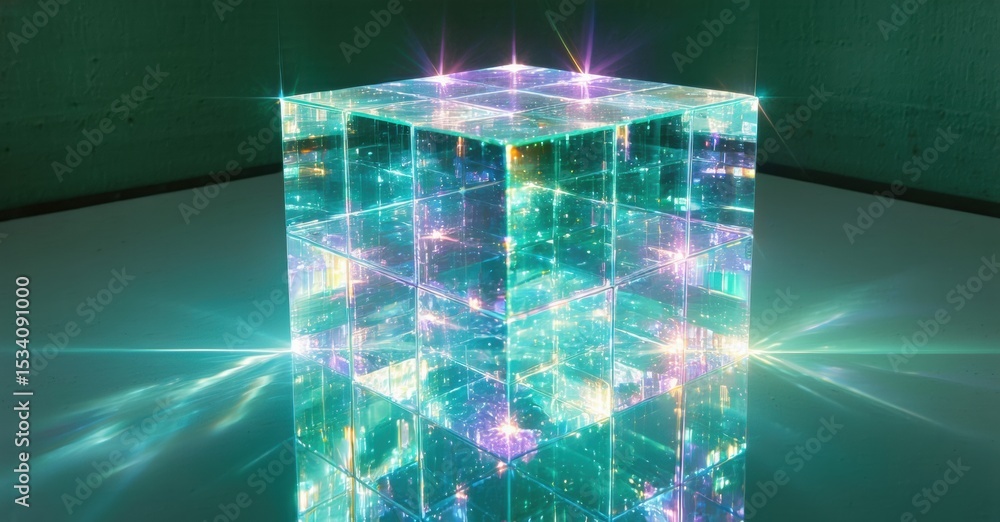 Aufkleber Glowing cube structure. Complex internal reflections create vibrant light patterns. Minimalist room provides dark backdrop. Futuristic design.