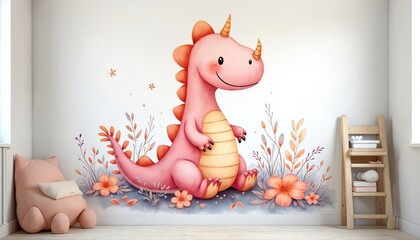 Fototapeta premium Cute dinosaur room wallpaper, soft pastel colors. Nursery decor with white wall, minimalistic drawing, friendly animal character, with flowers, plants. Watercolor, children room wall painting for