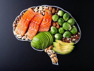 Nourishing brain food concept salmon avocado brussels sprouts and nuts arranged inside a chalkboard brain outline