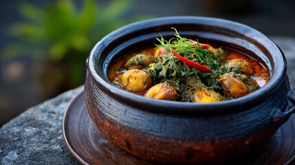 Vietnamese snail curry ech xao lan rich coconut sauce served in clay pot outdoor stone table setting top down view