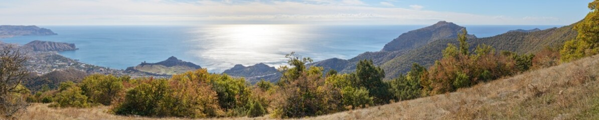 Panorama of Sudak bay from Perchem Mountain, Crimea, Russia.