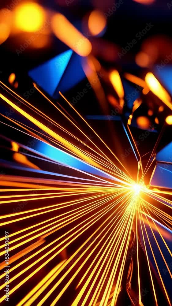 Poster abstract convergence of light beams onto a central point against dark backdrop with geometric shapes