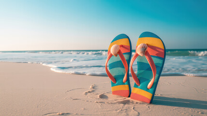 Colorful flip-flops with seashells on a sandy beach with ocean waves under a clear sky.
