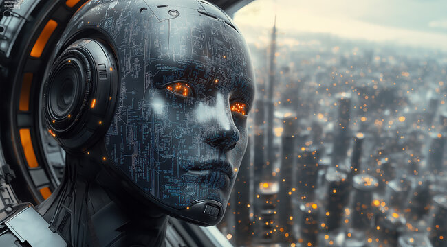 AI Artificial intelligence cyber. Futuristic AI abstract design, intricate circuitry pattern. AI Robot face, virtual human, virtual character, digital clone, machine learning. Realistic photo