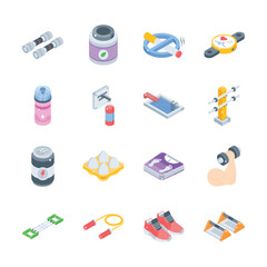 Handy pack depicting fitness and diet isometric icons, easy to edit