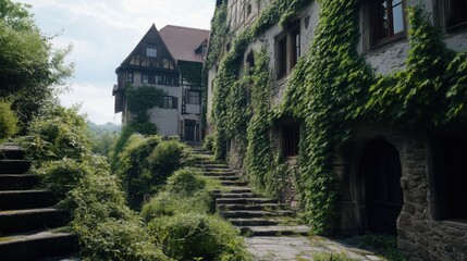 Fototapeta premium an an german old town covered in hedges an thornes like in sleeping beauty and dark fantasy movie