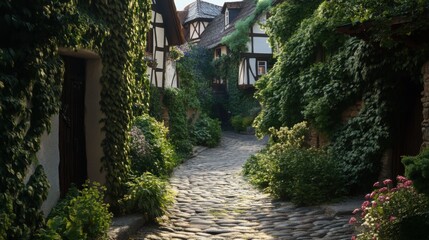 an an german old town covered in hedges an thornes like in sleeping beauty and dark fantasy movie